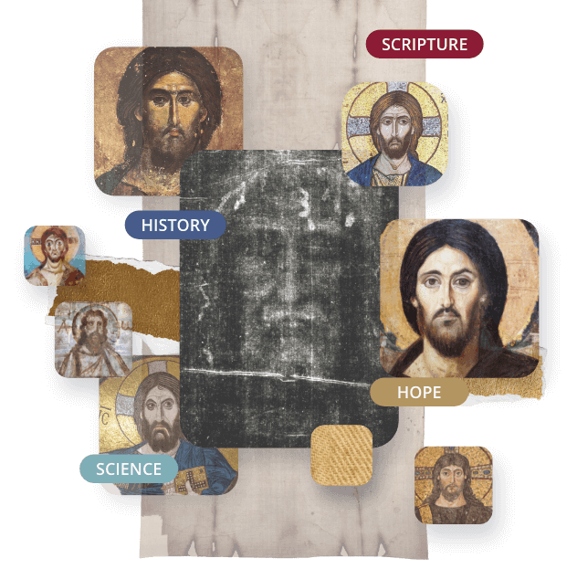 Collage of the faces of Jesus on the Shroud of Turin and icons