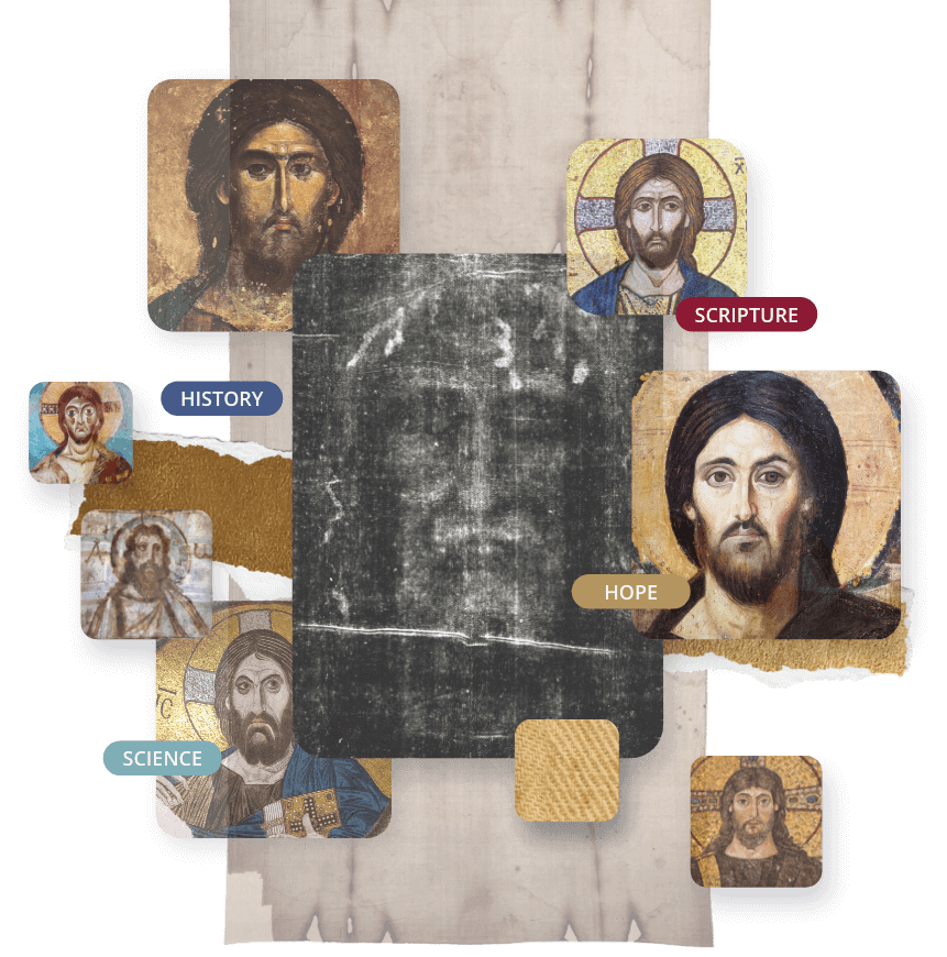 Collage of the faces of Jesus on the Shroud of Turin and icons
